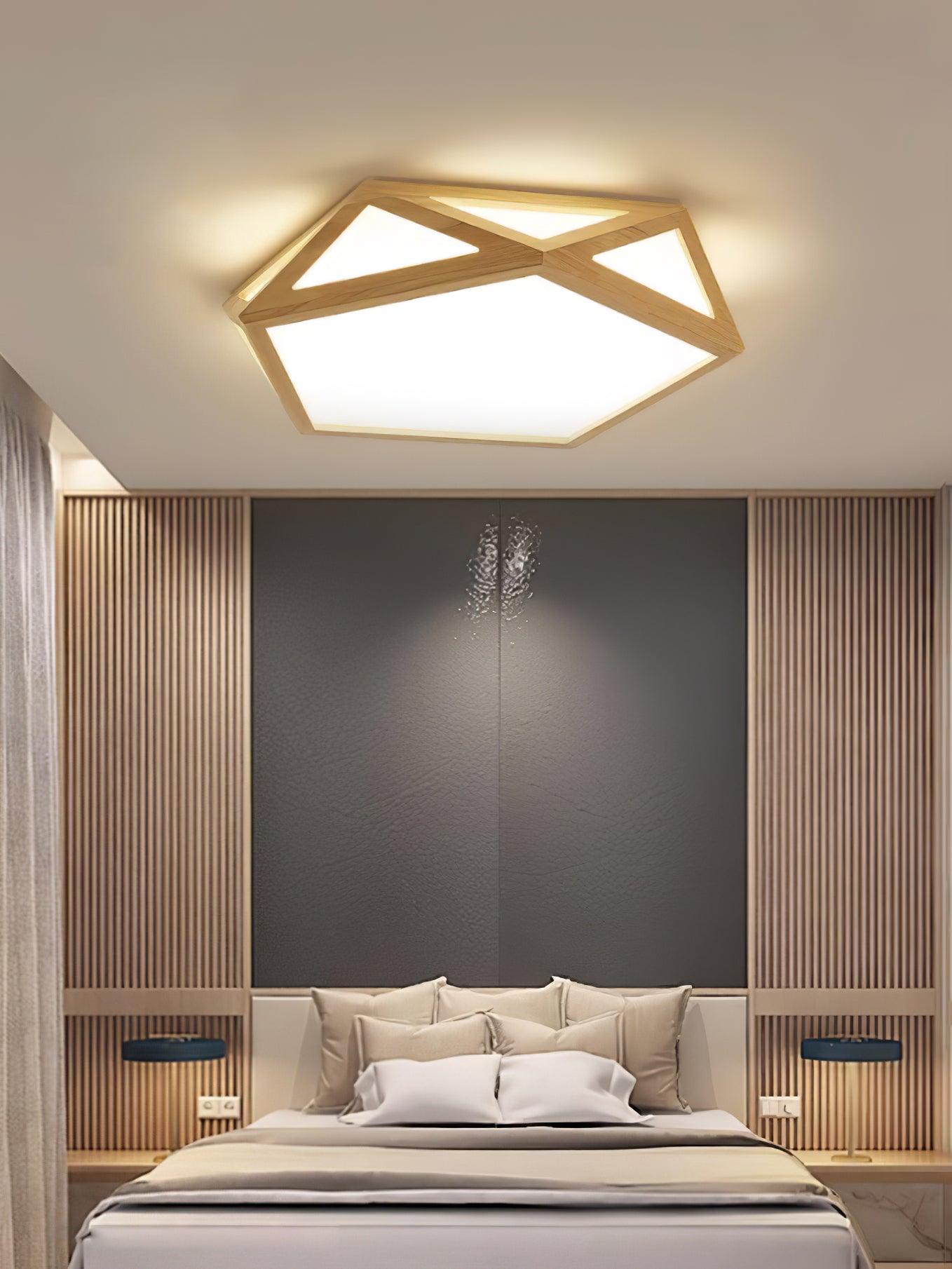 Modern Geometric Diamond Wood Flush Mount LED Ceiling Lamp for Living Room
