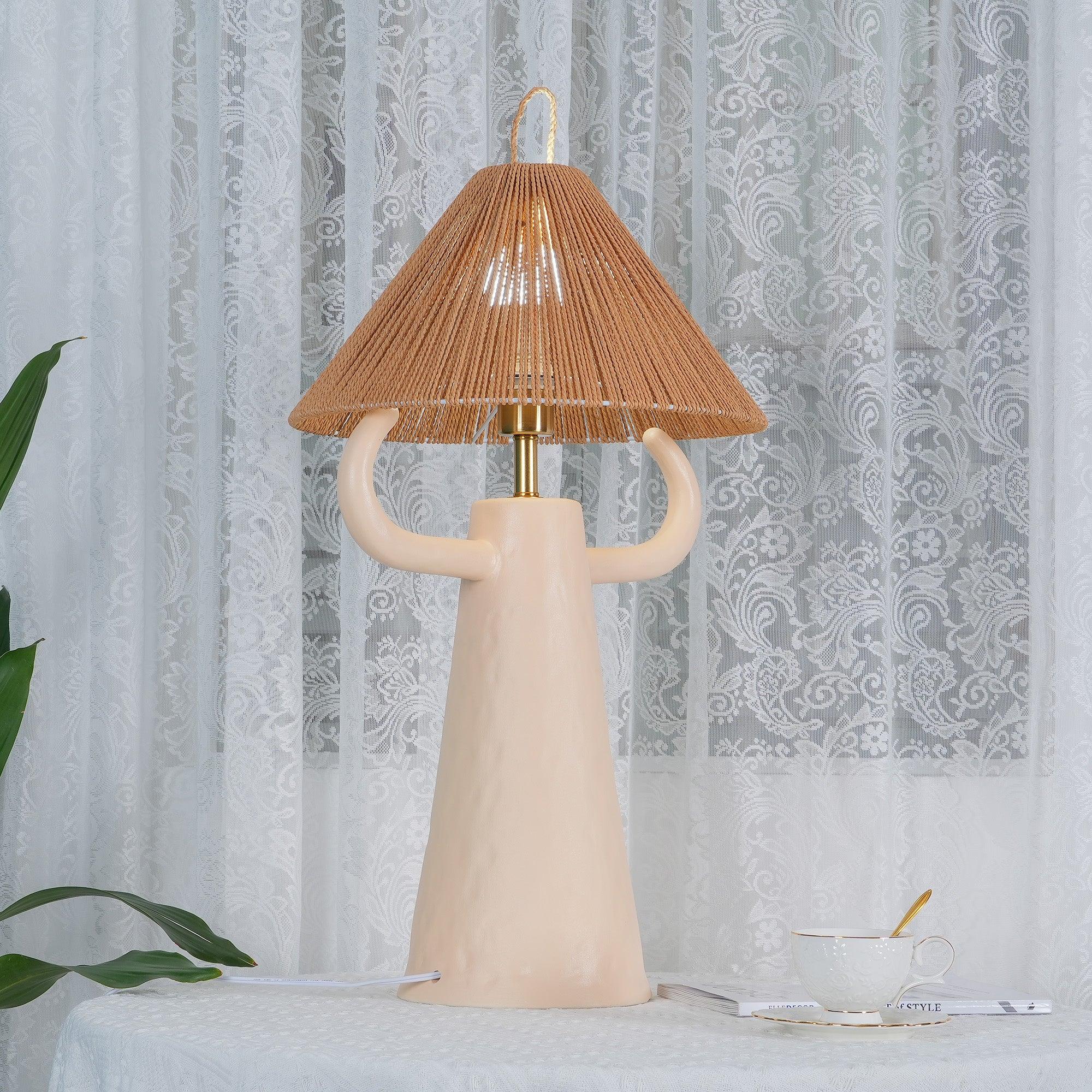Horns Handmade Ceramic Bedside Lamp with Braided Rope Shade for Elegant Home Decor