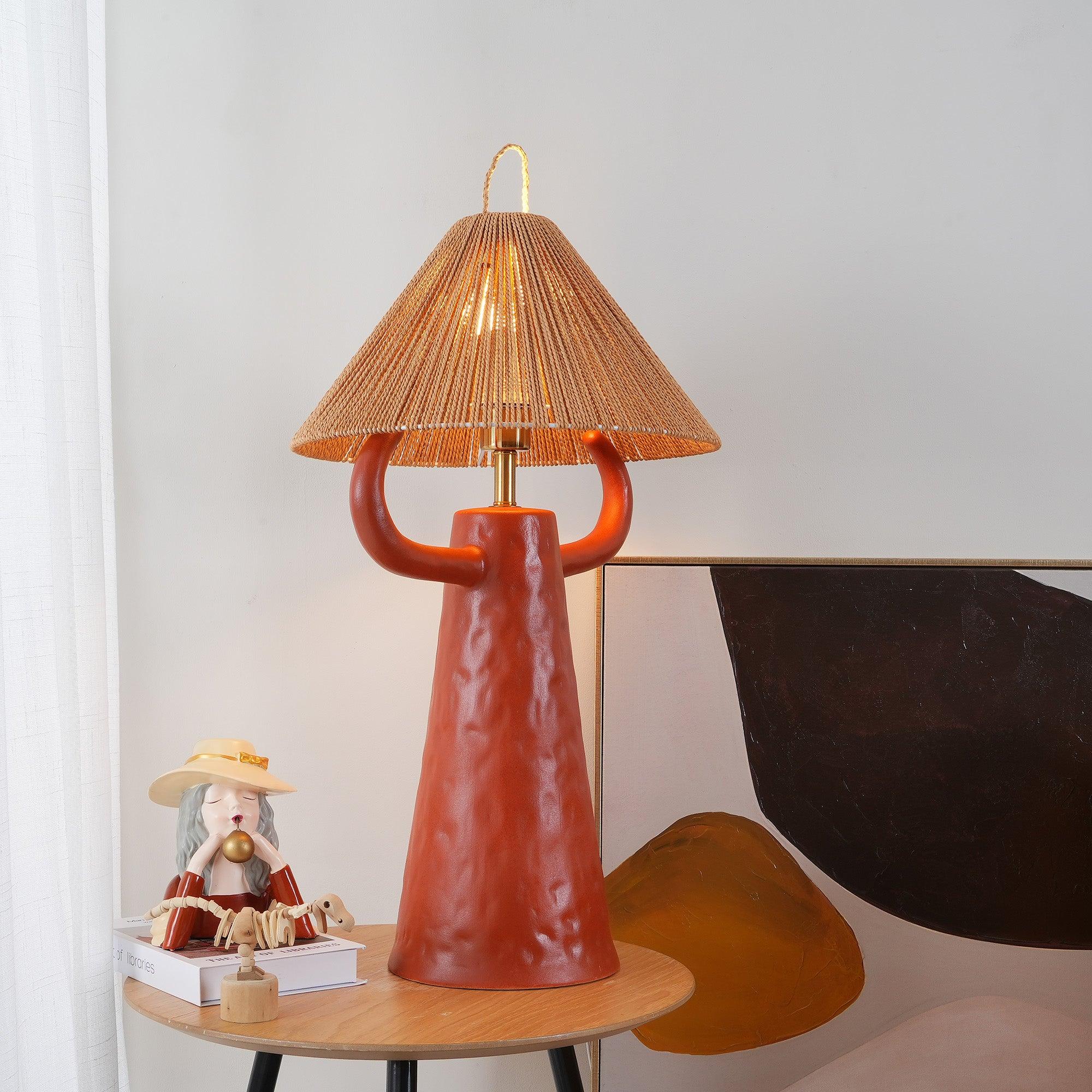 Horns Handmade Ceramic Bedside Lamp with Braided Rope Shade for Elegant Home Decor