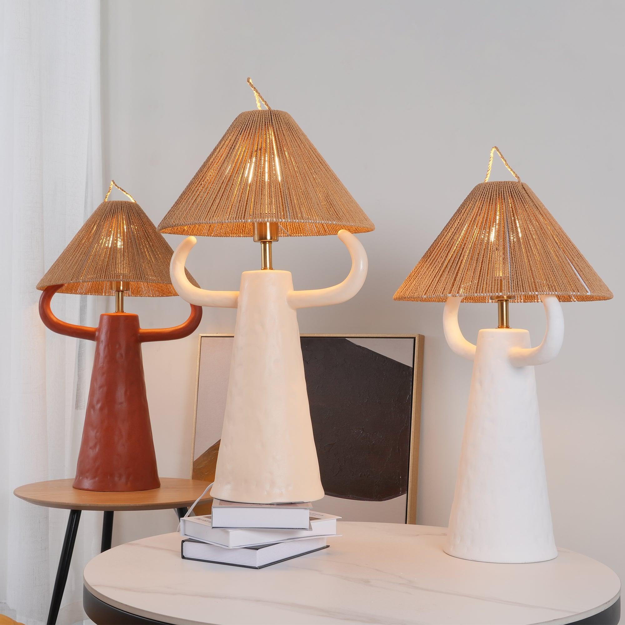 Horns Handmade Ceramic Bedside Lamp with Braided Rope Shade for Elegant Home Decor