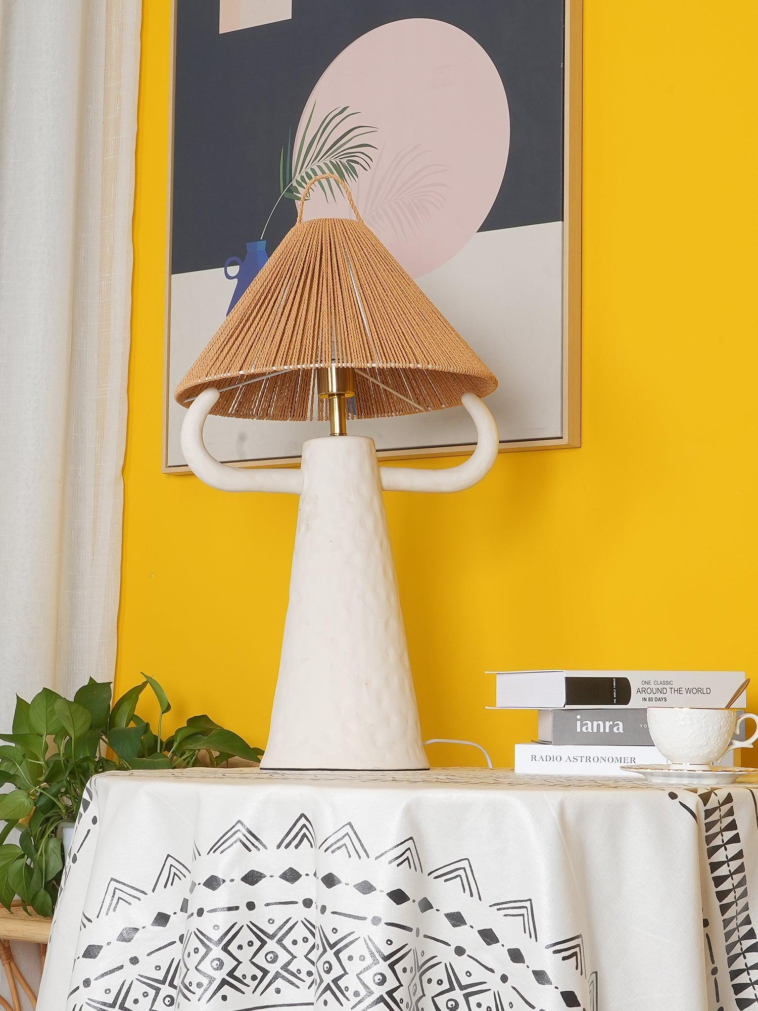 Horns Handmade Ceramic Bedside Lamp with Braided Rope Shade for Elegant Home Decor
