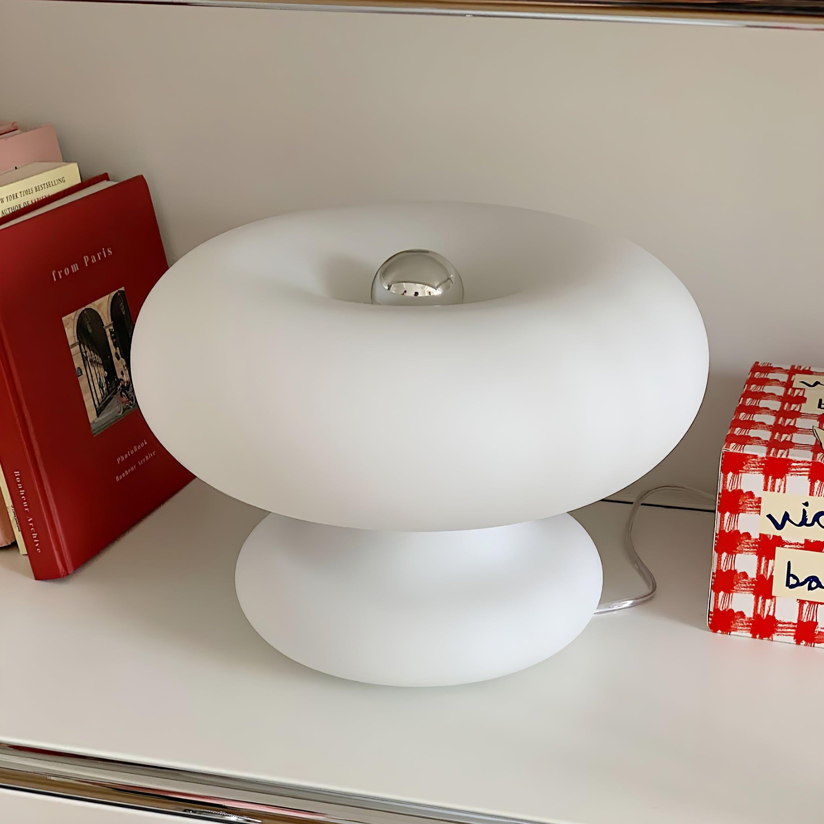 Modern Mid Century Donut Frosted Glass Table Lamp Minimalist Round Accent Lighting for Bedside and Living Room