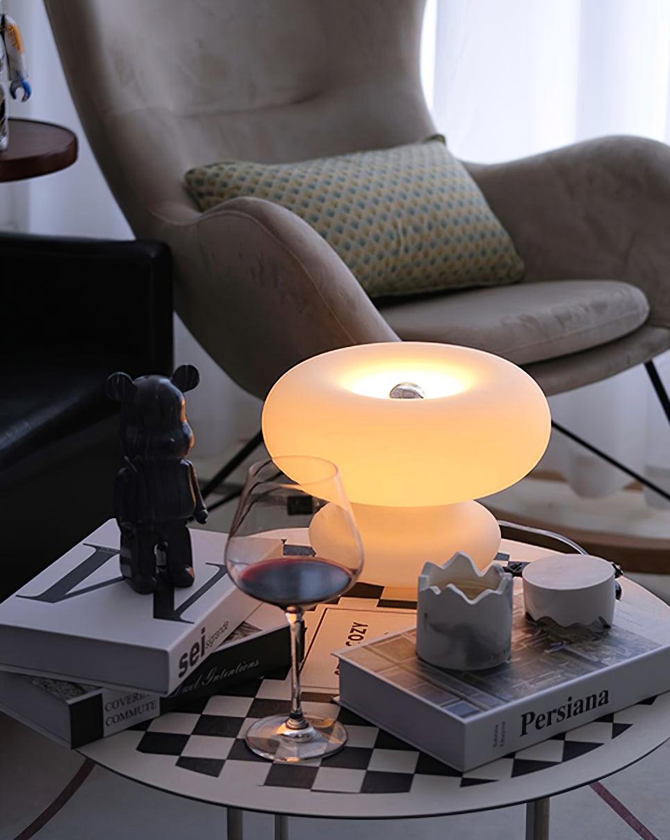 Modern Mid Century Donut Frosted Glass Table Lamp Minimalist Round Accent Lighting for Bedside and Living Room