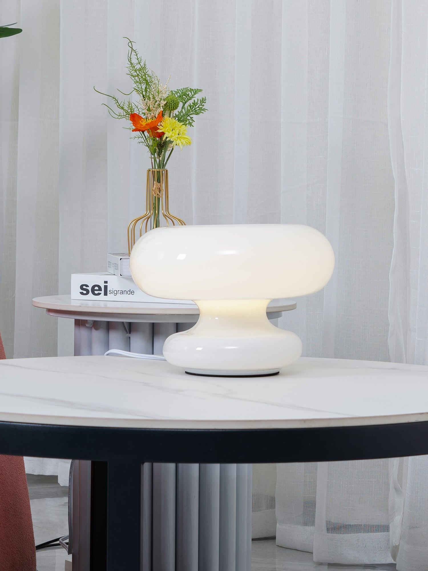 Modern Mid Century Donut Frosted Glass Table Lamp Minimalist Round Accent Lighting for Bedside and Living Room