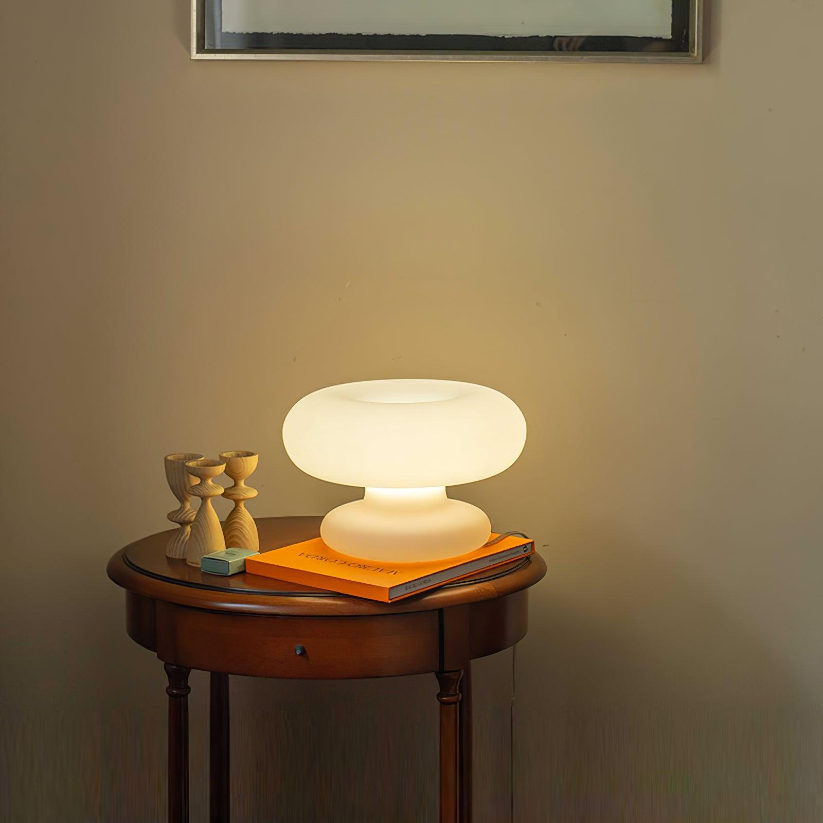 Modern Mid Century Donut Frosted Glass Table Lamp Minimalist Round Accent Lighting for Bedside and Living Room