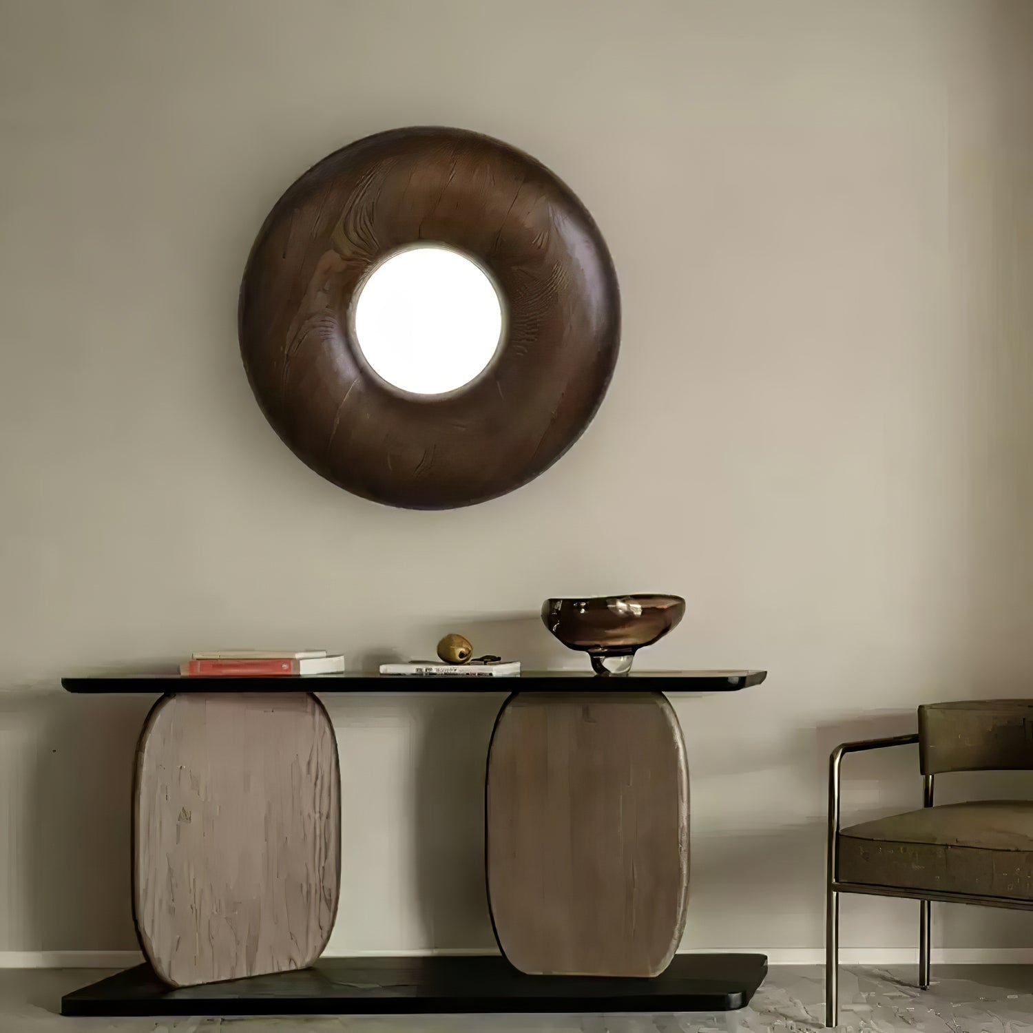 Modern Round Wood Donut LED Ceiling Light Large Flush Mount Fixture for Home