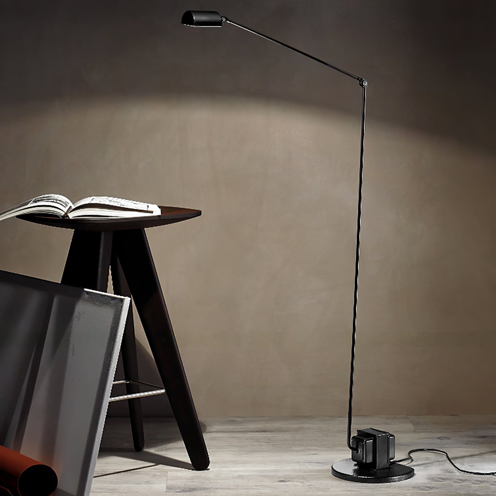 Dynamo Adjustable Arm LED Floor Lamp with Rotating Metal Diffuser and Cylindrical Base Standing Light
