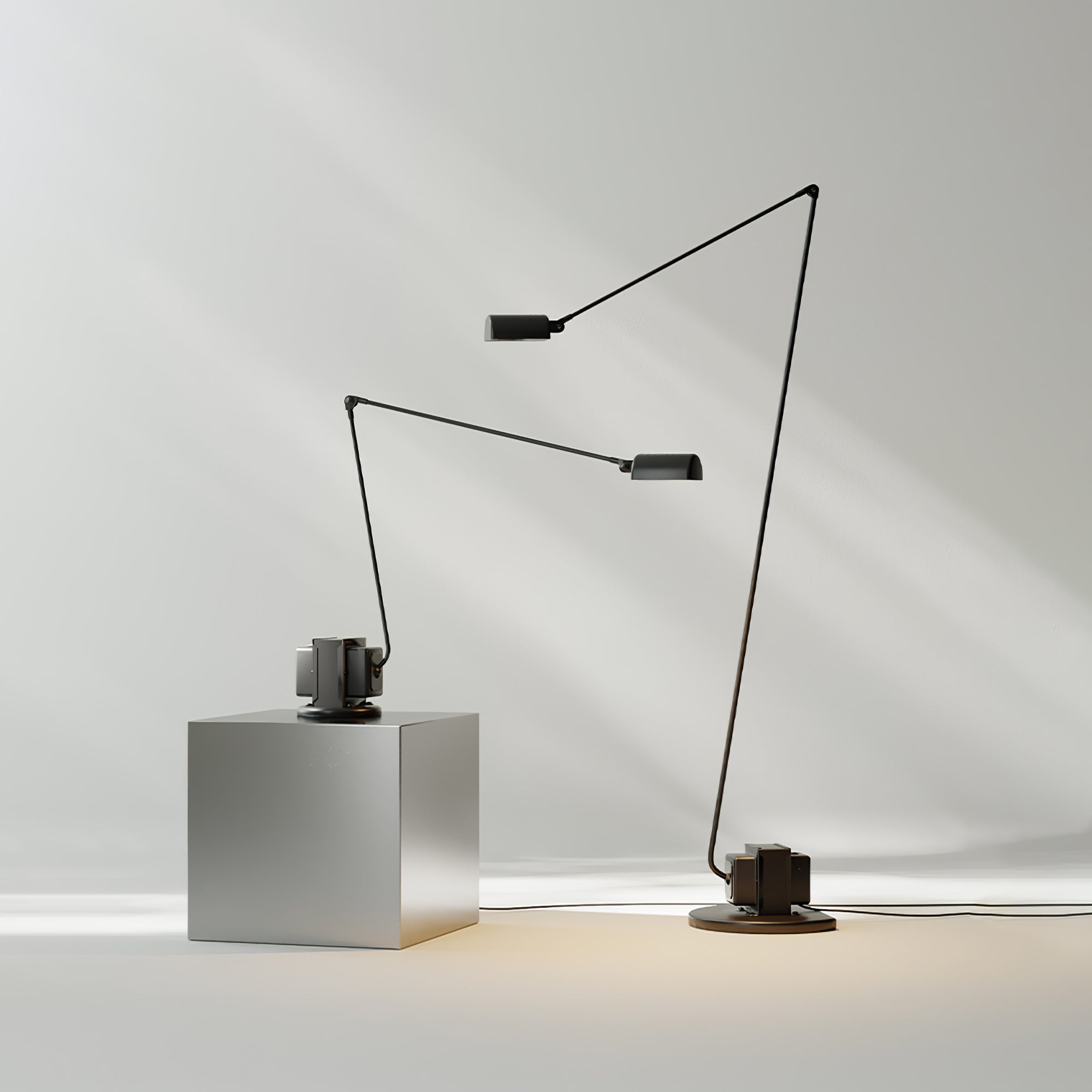 Dynamo Adjustable Arm LED Floor Lamp with Rotating Metal Diffuser and Cylindrical Base Standing Light