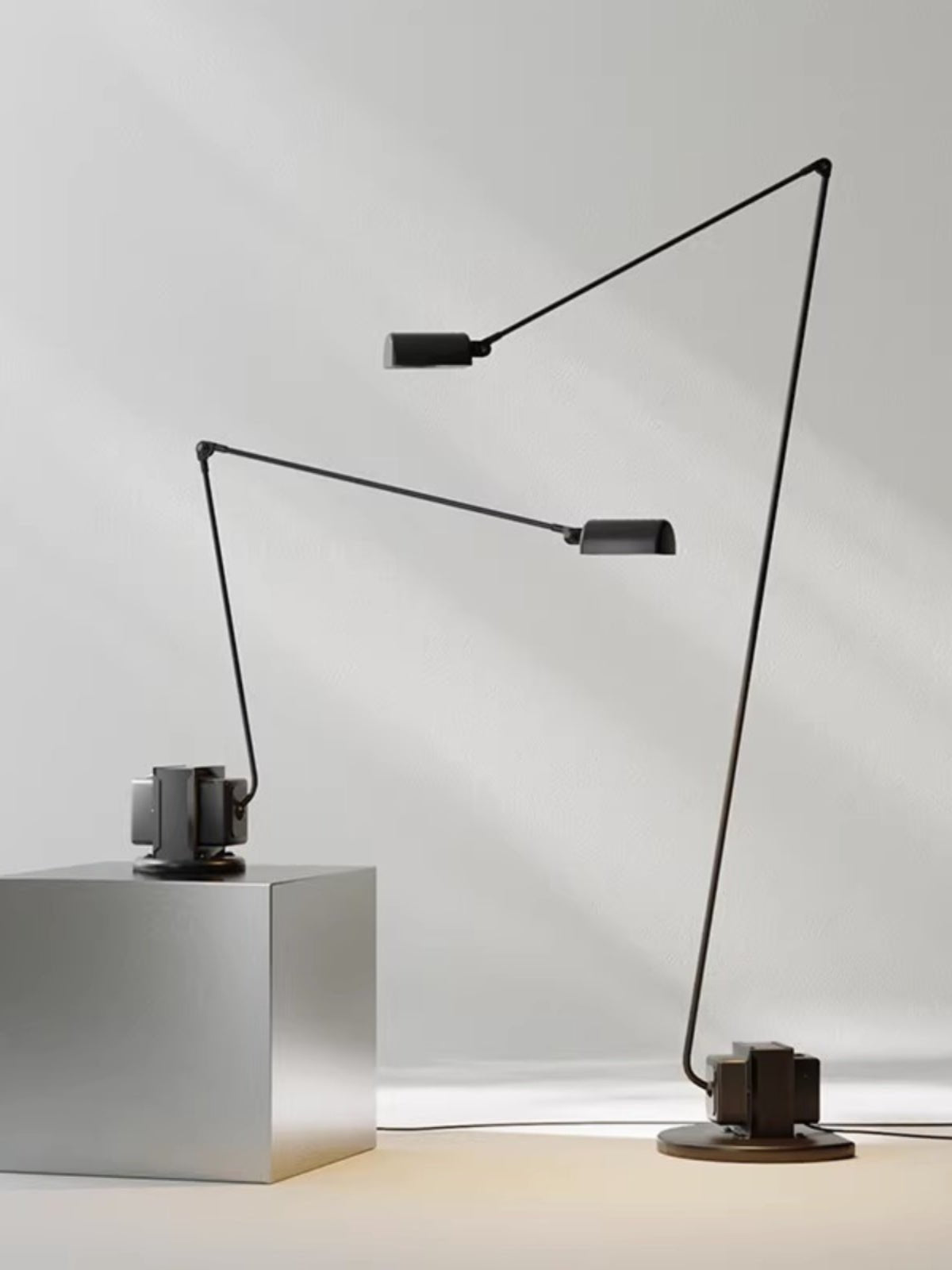 Dynamo Adjustable Arm LED Floor Lamp with Rotating Metal Diffuser and Cylindrical Base Standing Light