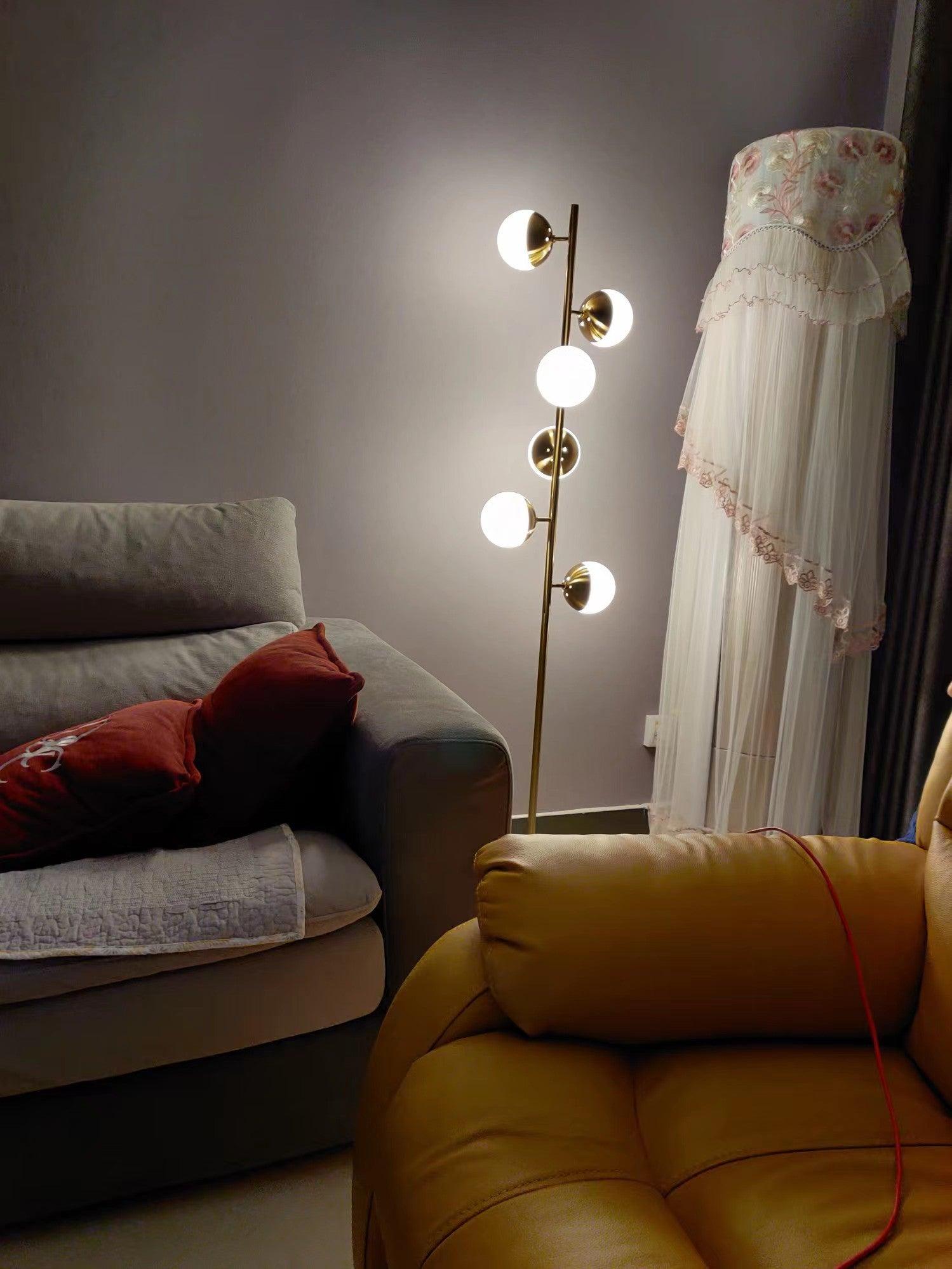 Modern LED Tree Standing Floor Lamp with Frosted Glass Globes and Gold Finish