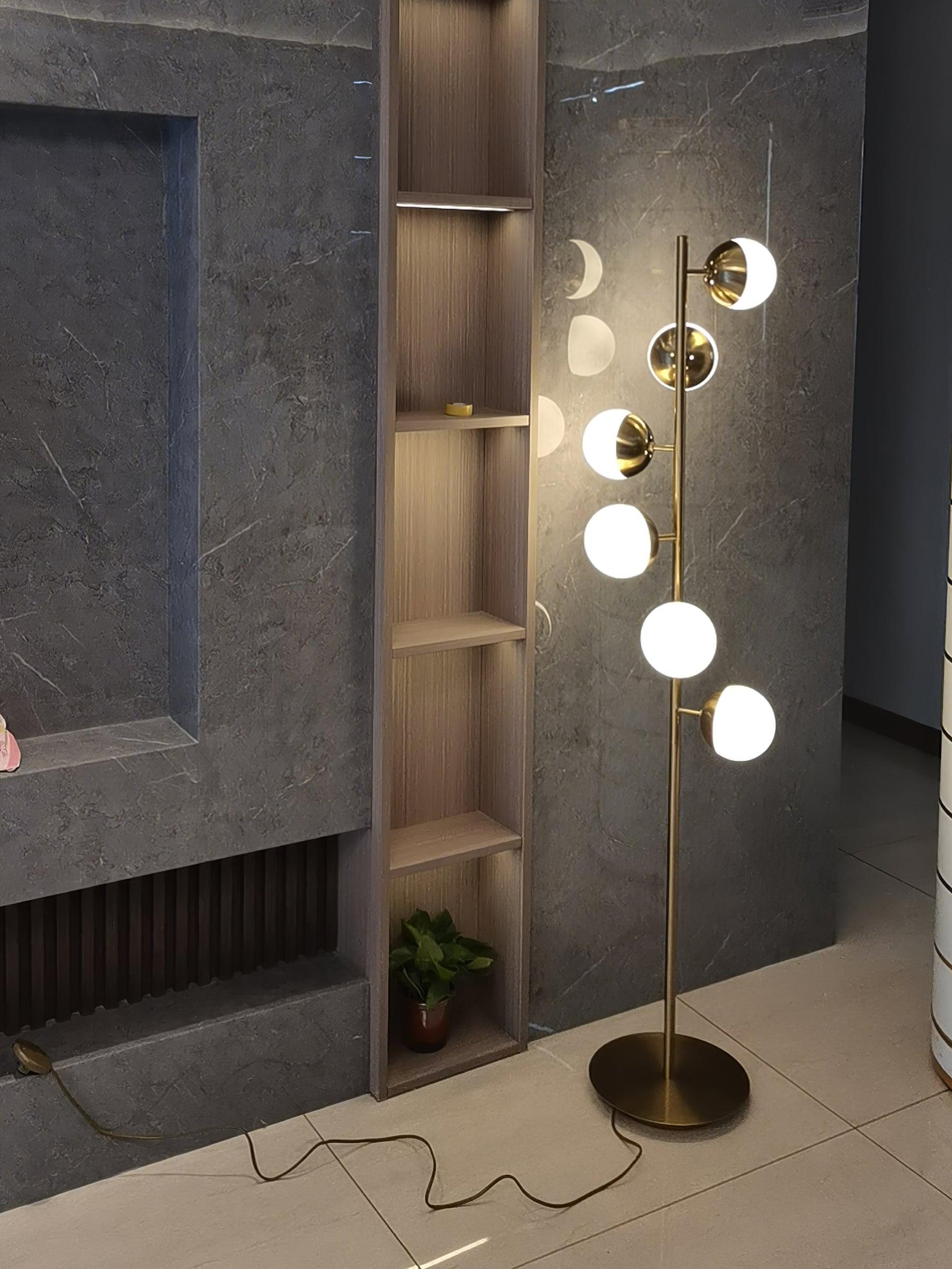 Modern LED Tree Standing Floor Lamp with Frosted Glass Globes and Gold Finish