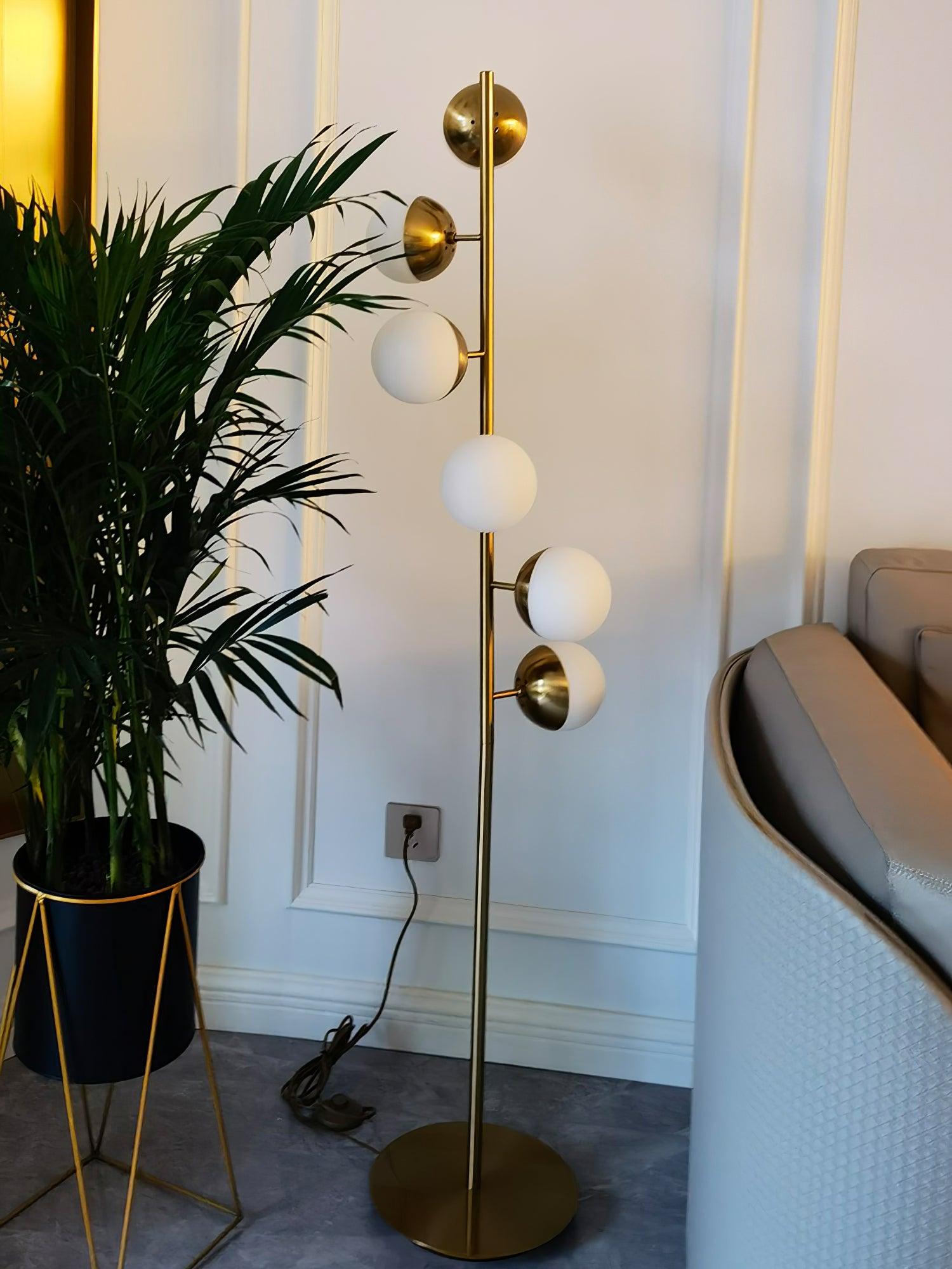 Modern LED Tree Standing Floor Lamp with Frosted Glass Globes and Gold Finish