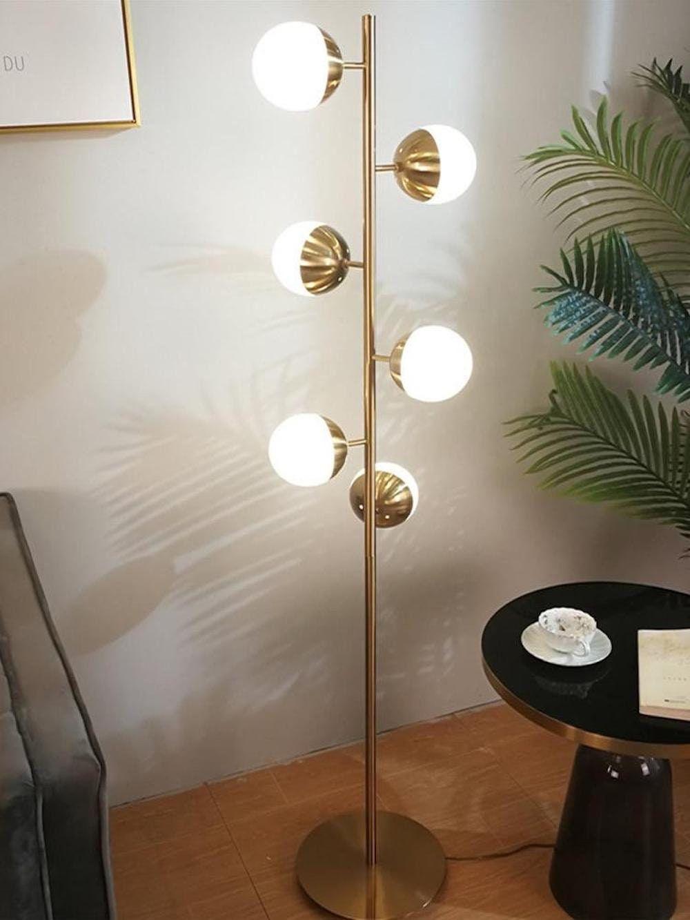 Modern LED Tree Standing Floor Lamp with Frosted Glass Globes and Gold Finish
