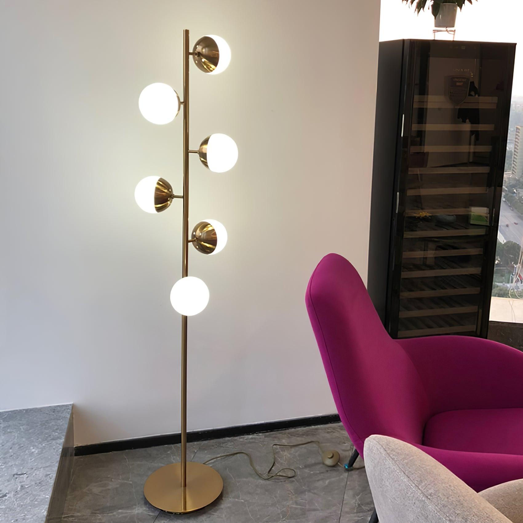 Modern LED Tree Standing Floor Lamp with Frosted Glass Globes and Gold Finish