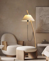 Modern Wood Floor Lamp with Adjustable White Fabric Shade and Retro Fishing Silhouette