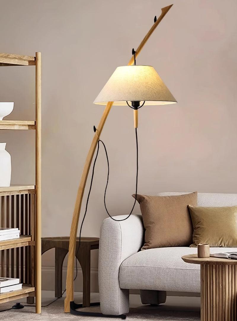 Modern Wood Floor Lamp with Adjustable White Fabric Shade and Retro Fishing Silhouette