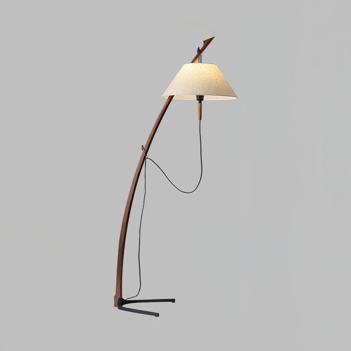Modern Wood Floor Lamp with Adjustable White Fabric Shade and Retro Fishing Silhouette
