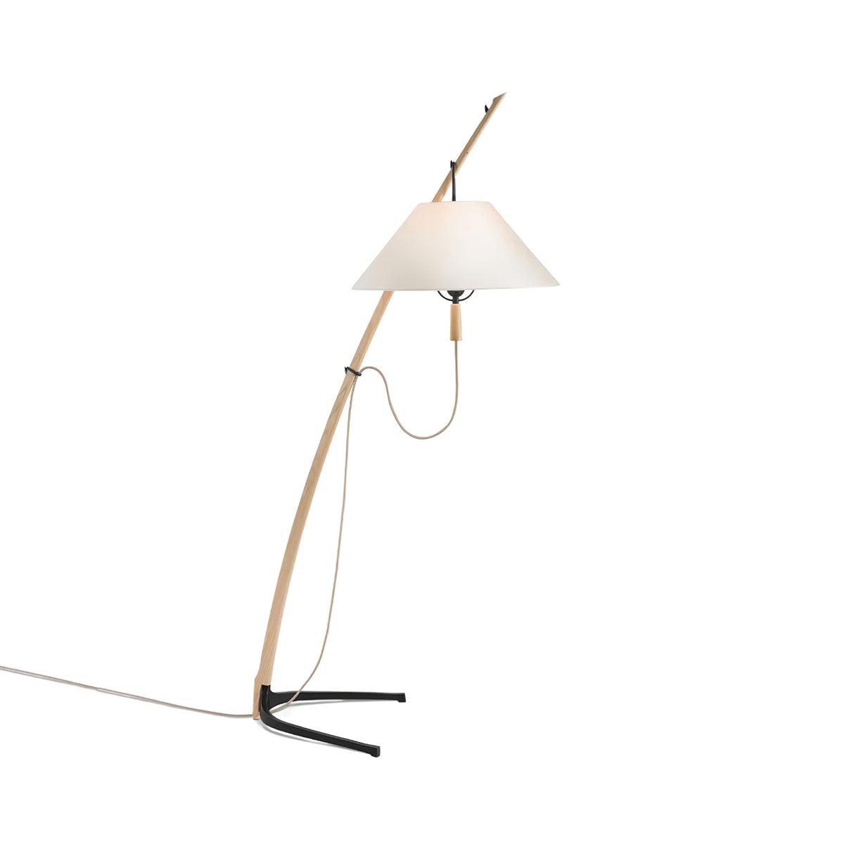 Modern Wood Floor Lamp with Adjustable White Fabric Shade and Retro Fishing Silhouette