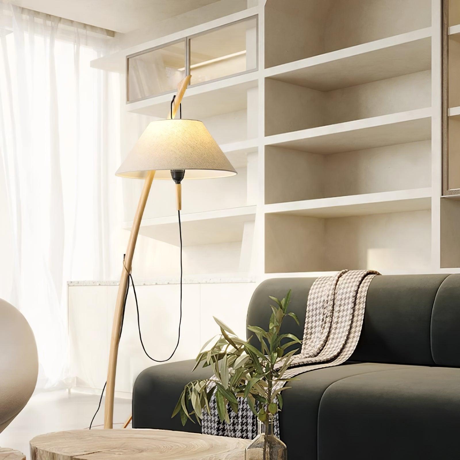 Modern Wood Floor Lamp with Adjustable White Fabric Shade and Retro Fishing Silhouette