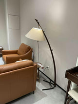 Modern Wood Floor Lamp with Adjustable White Fabric Shade and Retro Fishing Silhouette