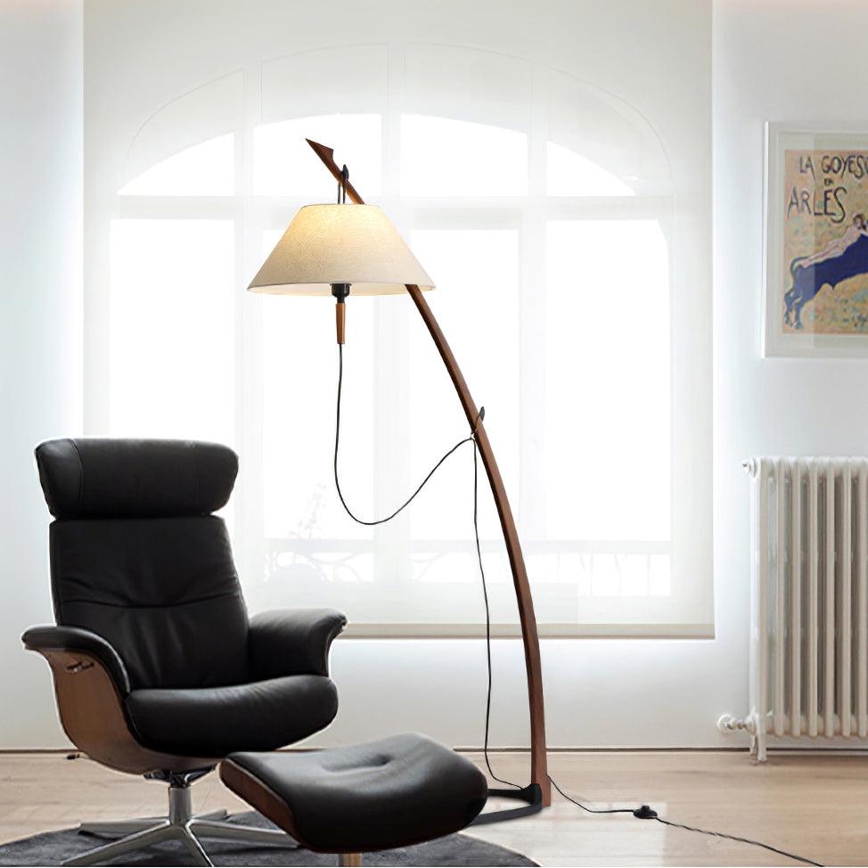 Modern Wood Floor Lamp with Adjustable White Fabric Shade and Retro Fishing Silhouette