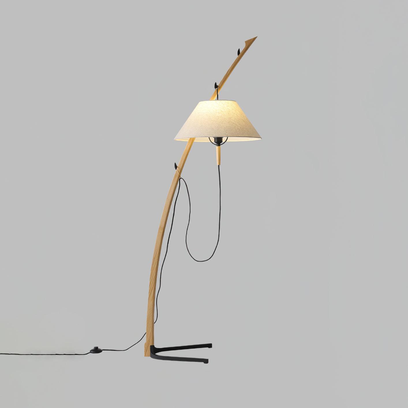 Modern Wood Floor Lamp with Adjustable White Fabric Shade and Retro Fishing Silhouette