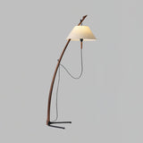 Modern Wood Floor Lamp with Adjustable White Fabric Shade and Retro Fishing Silhouette