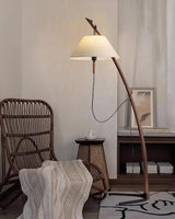 Modern Wood Floor Lamp with Adjustable White Fabric Shade and Retro Fishing Silhouette