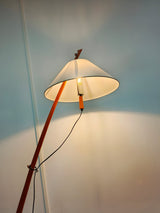 Modern Wood Floor Lamp with Adjustable White Fabric Shade and Retro Fishing Silhouette