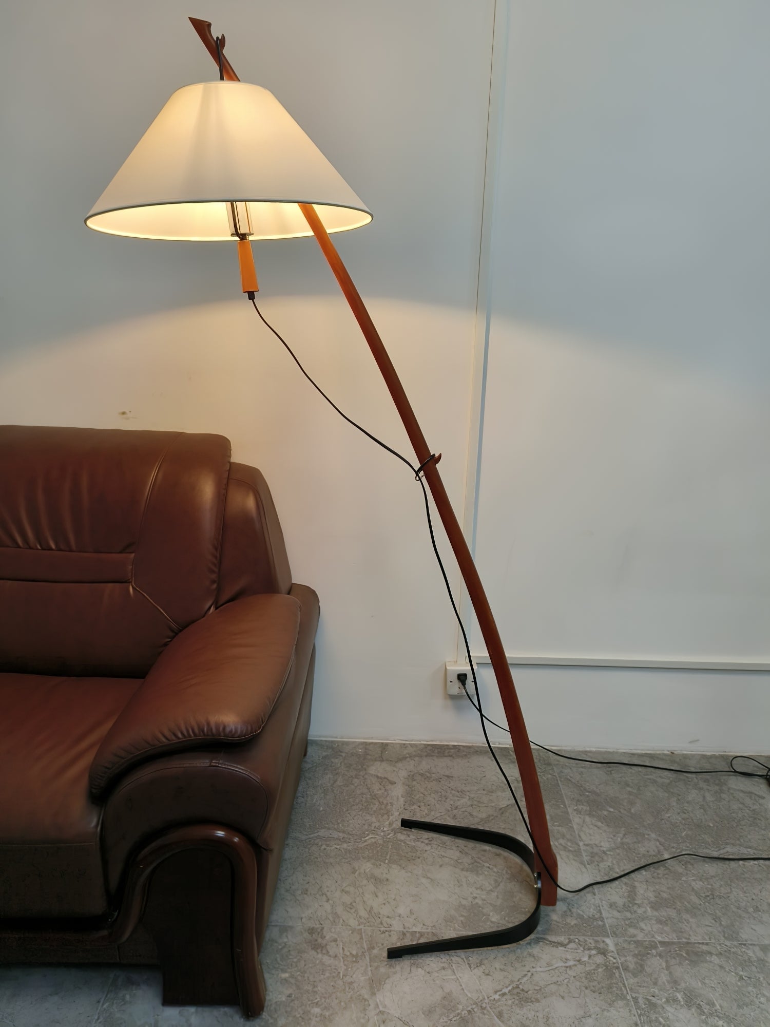 Modern Wood Floor Lamp with Adjustable White Fabric Shade and Retro Fishing Silhouette