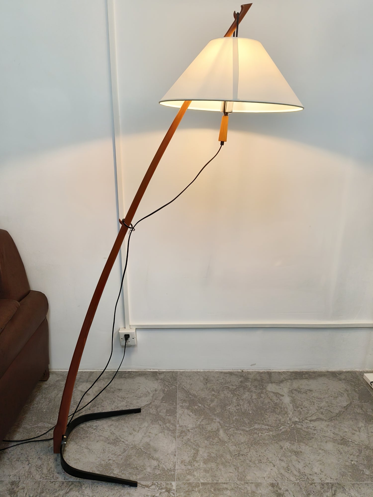 Modern Wood Floor Lamp with Adjustable White Fabric Shade and Retro Fishing Silhouette