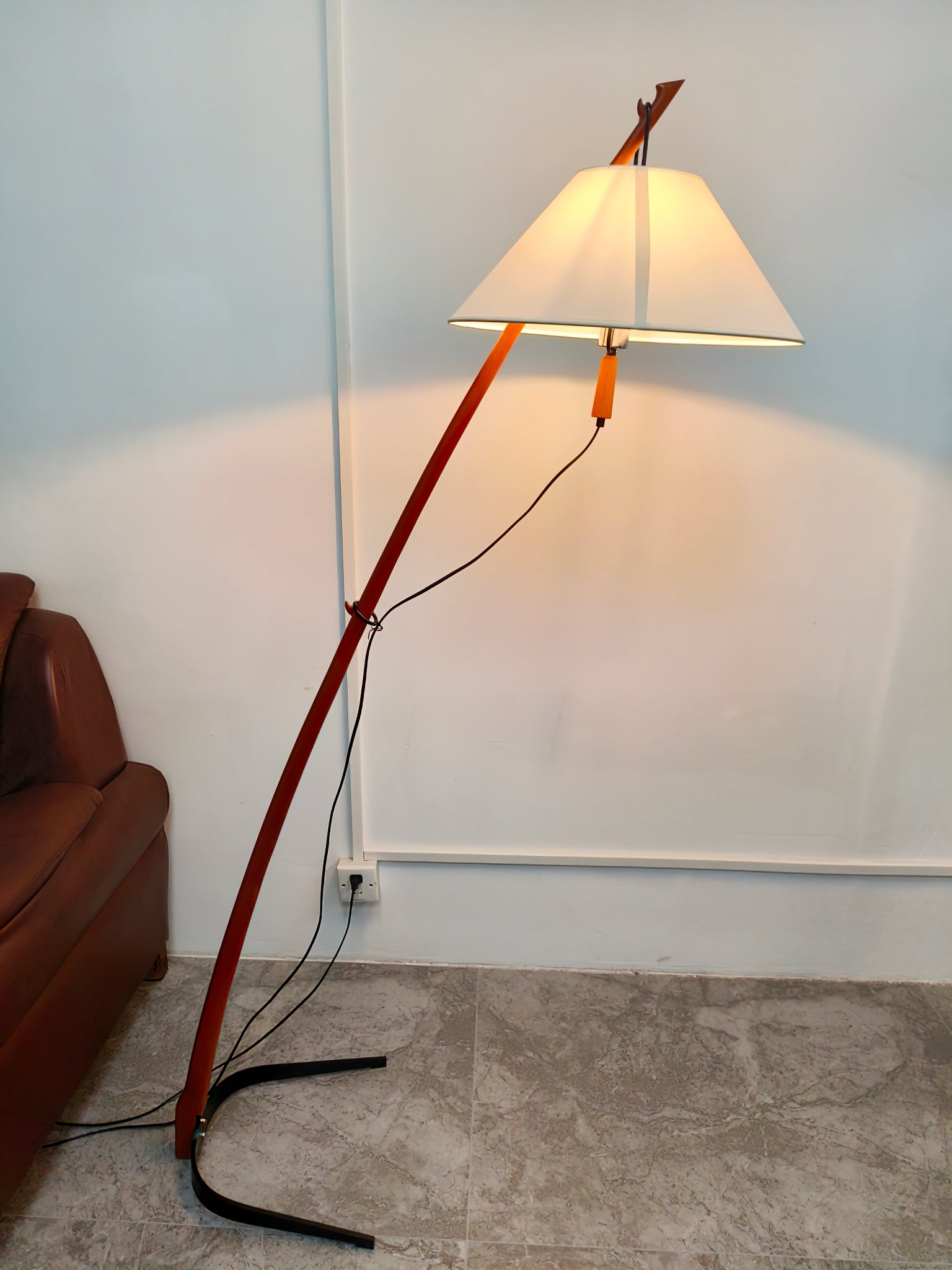 Modern Wood Floor Lamp with Adjustable White Fabric Shade and Retro Fishing Silhouette