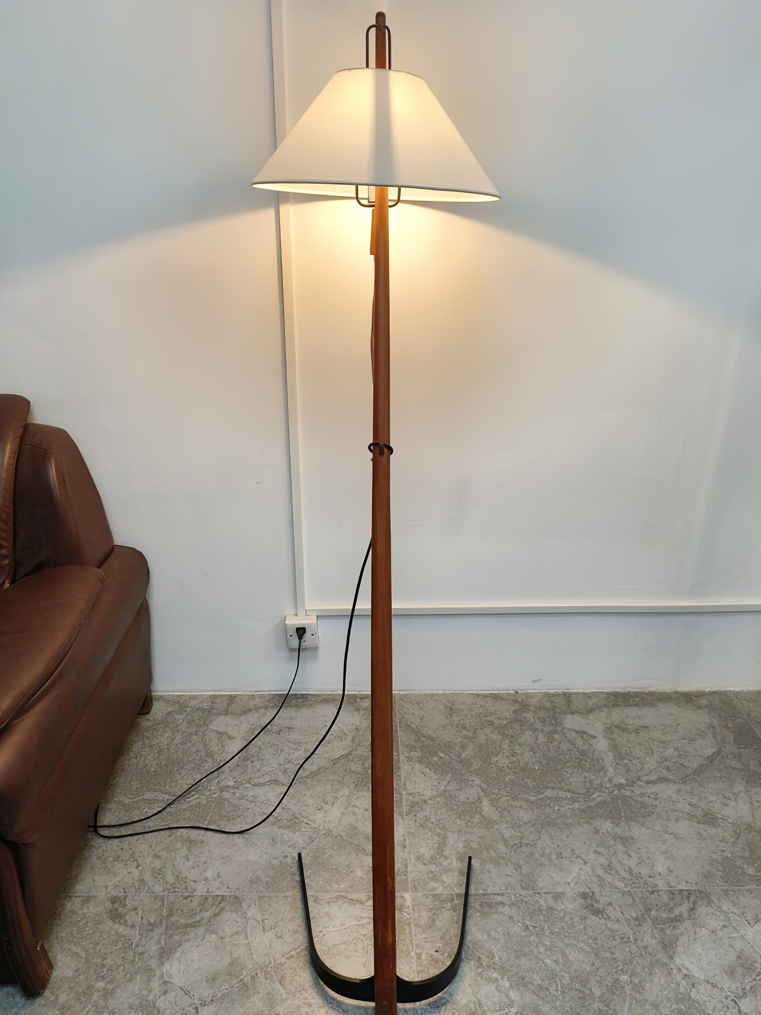 Modern Wood Floor Lamp with Adjustable White Fabric Shade and Retro Fishing Silhouette