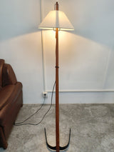 Modern Wood Floor Lamp with Adjustable White Fabric Shade and Retro Fishing Silhouette