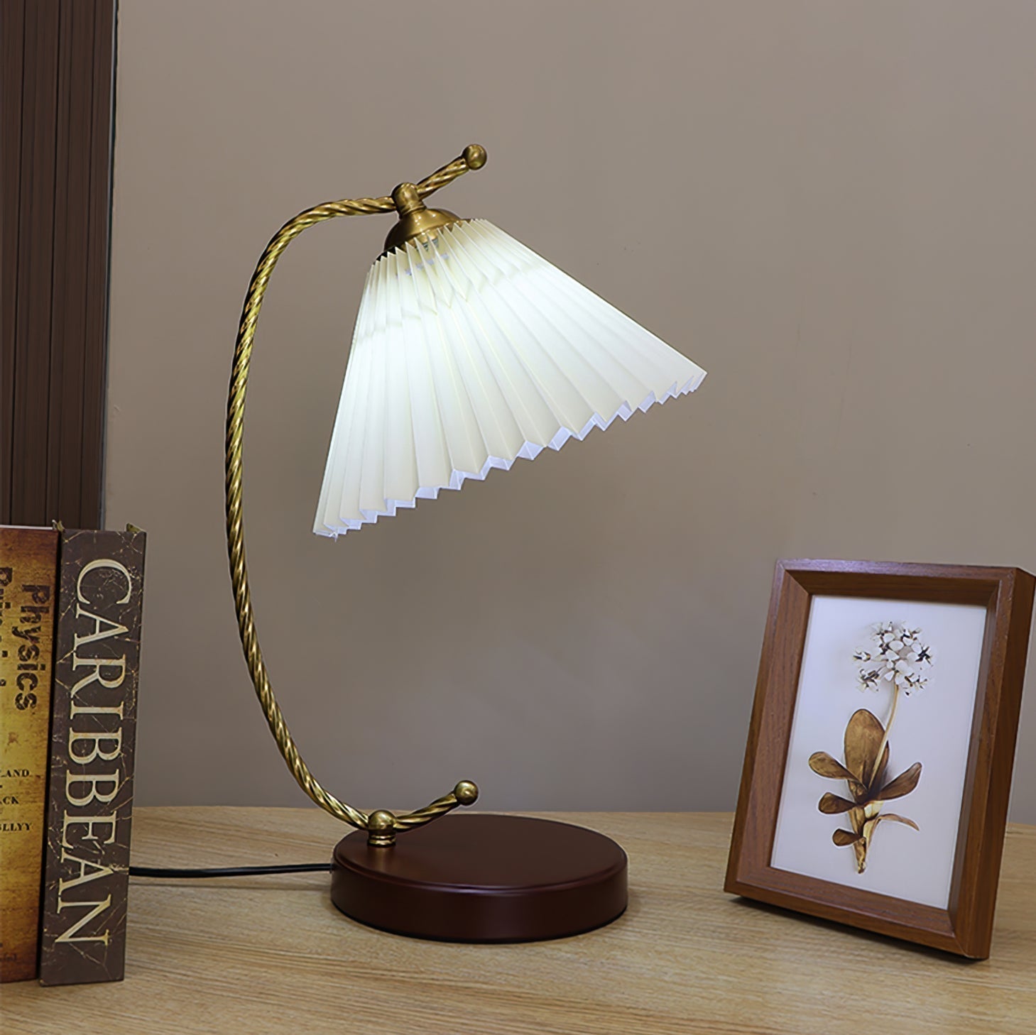 Vintage Pleated Shade Table Lamp with Walnut Base and Gold Accents for Modern Bedrooms