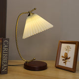 Vintage Pleated Shade Table Lamp with Walnut Base and Gold Accents for Modern Bedrooms