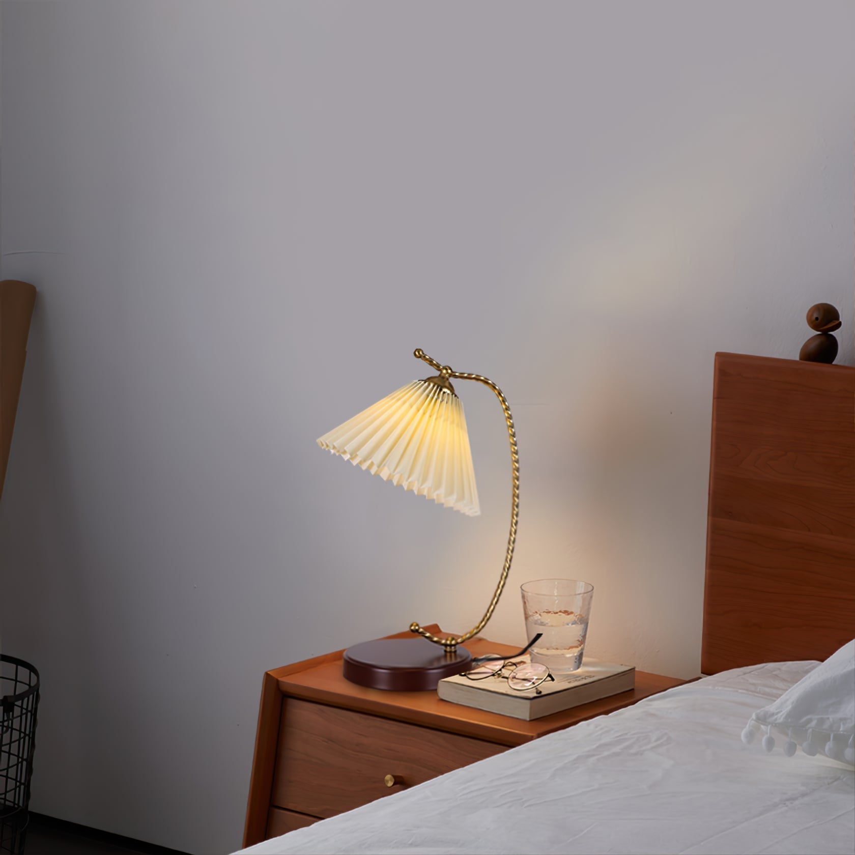 Vintage Pleated Shade Table Lamp with Walnut Base and Gold Accents for Modern Bedrooms