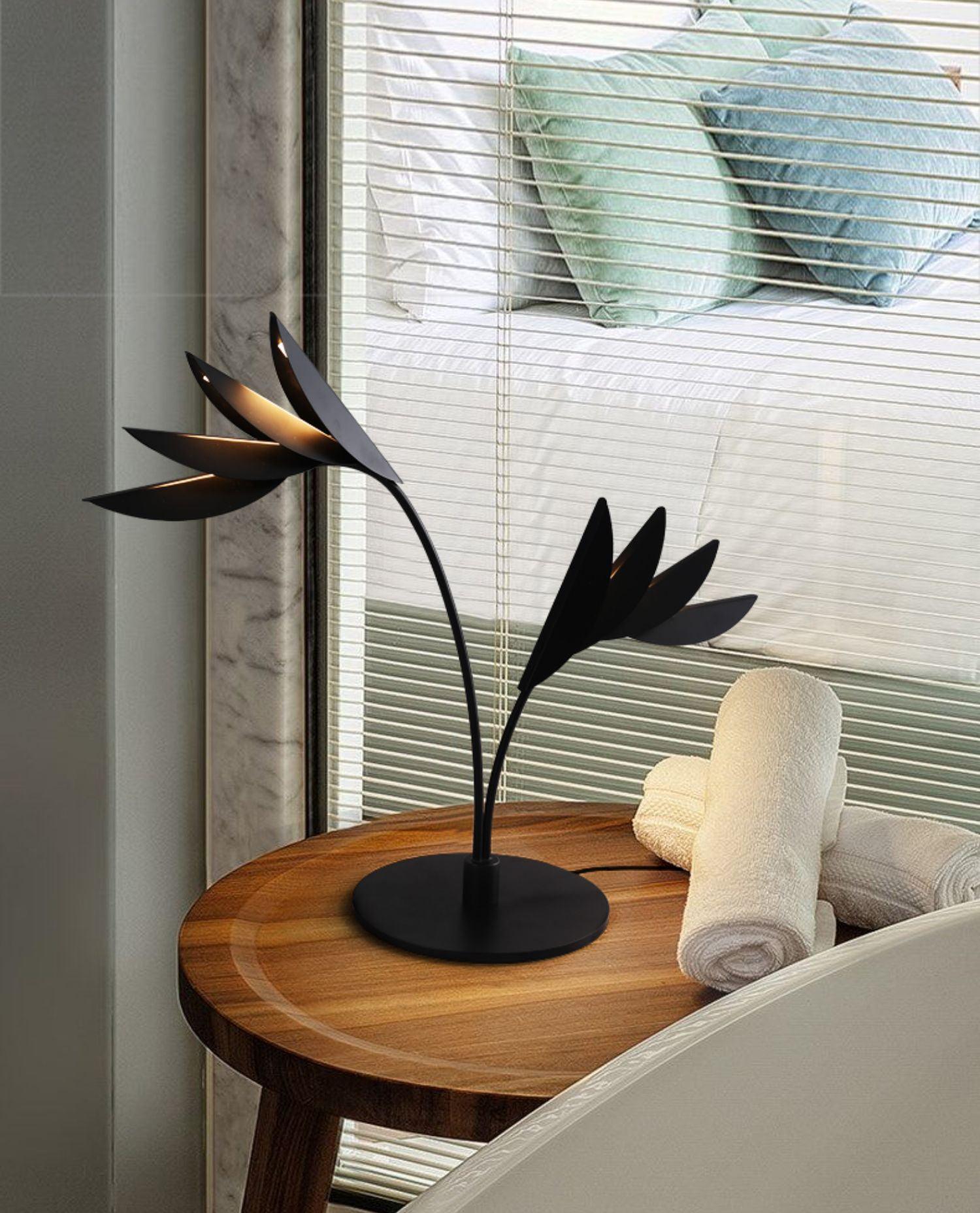 Modern Double Leaf Metal Table Lamp with Botanical Design in Black Finish for Office and Bedroom