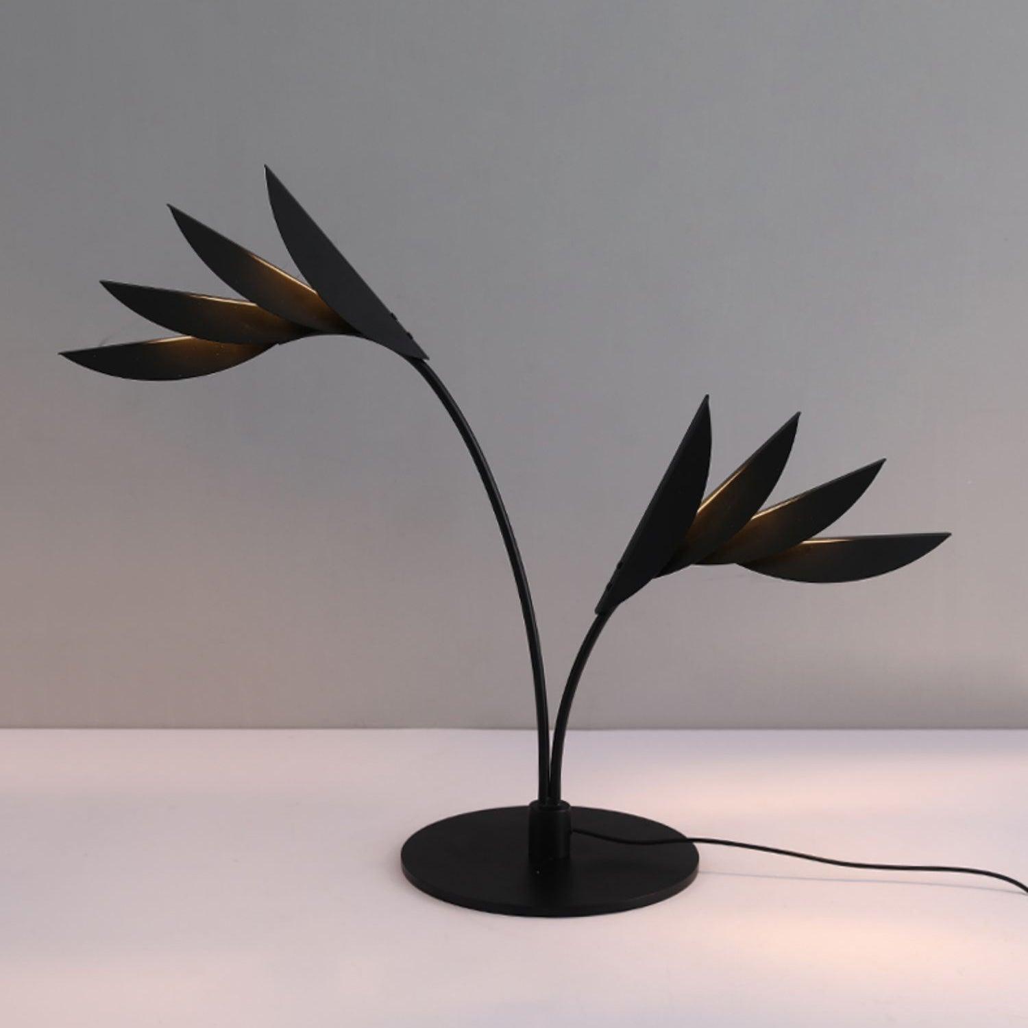 Modern Double Leaf Metal Table Lamp with Botanical Design in Black Finish for Office and Bedroom