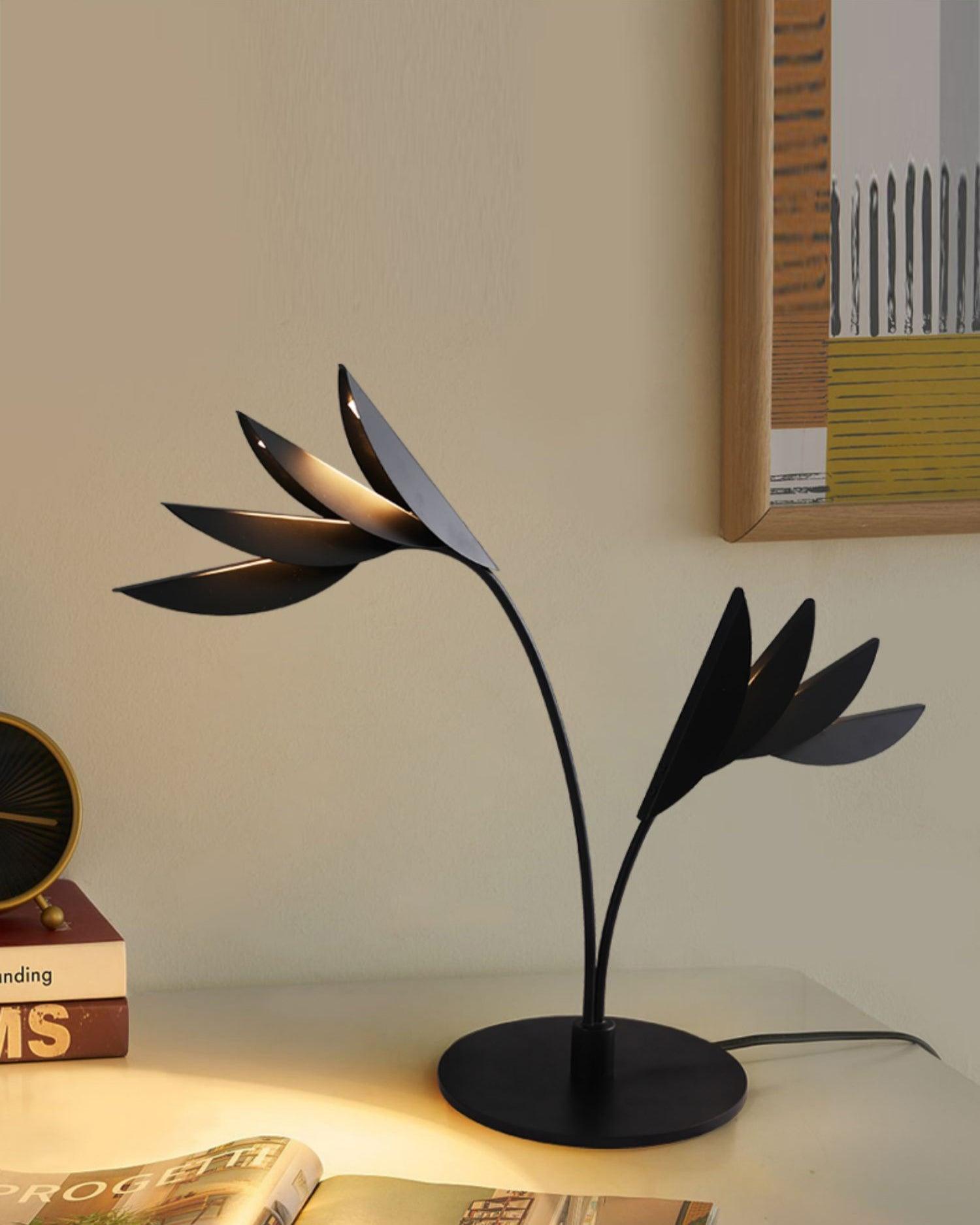 Modern Double Leaf Metal Table Lamp with Botanical Design in Black Finish for Office and Bedroom