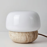 Modern Yellow Travertine Stone Table Lamp with Glass Globe for Minimalist Bedside Decor