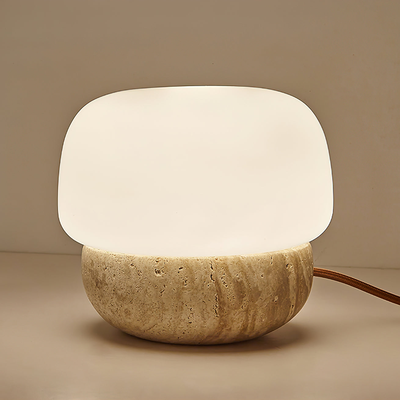 Modern Yellow Travertine Stone Table Lamp with Glass Globe for Minimalist Bedside Decor
