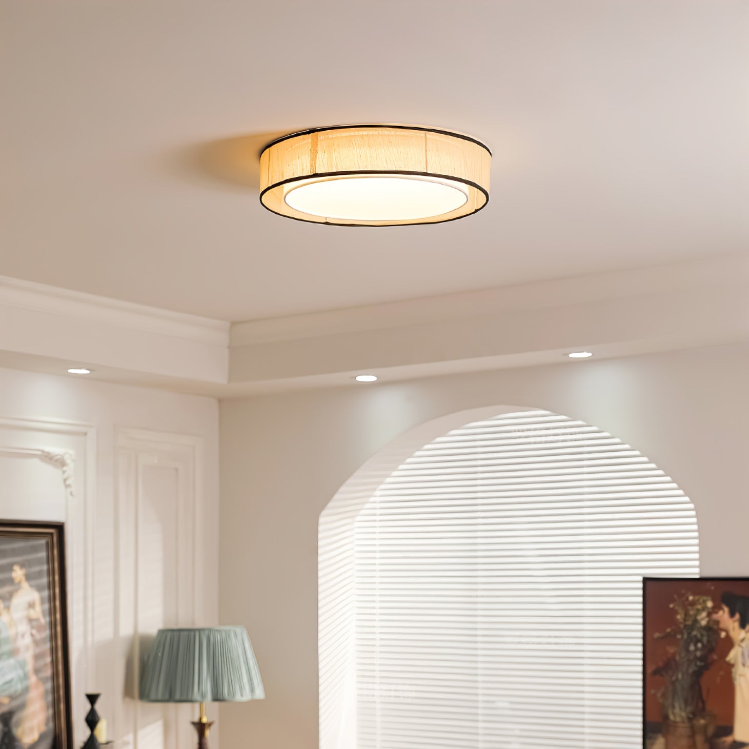 Modern Drum Flush Mount Ceiling Light with Beige Linen Shade and Integrated LED