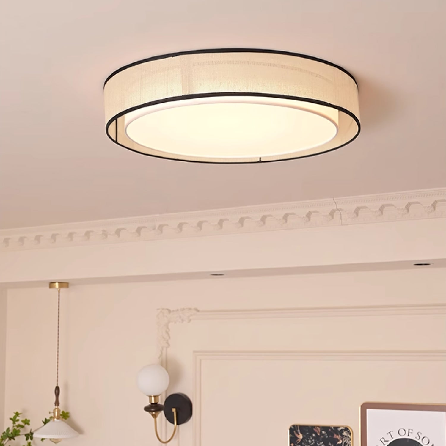 Modern Drum Flush Mount Ceiling Light with Beige Linen Shade and Integrated LED