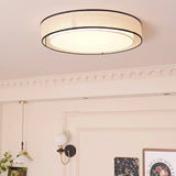 Modern Drum Flush Mount Ceiling Light with Beige Linen Shade and Integrated LED