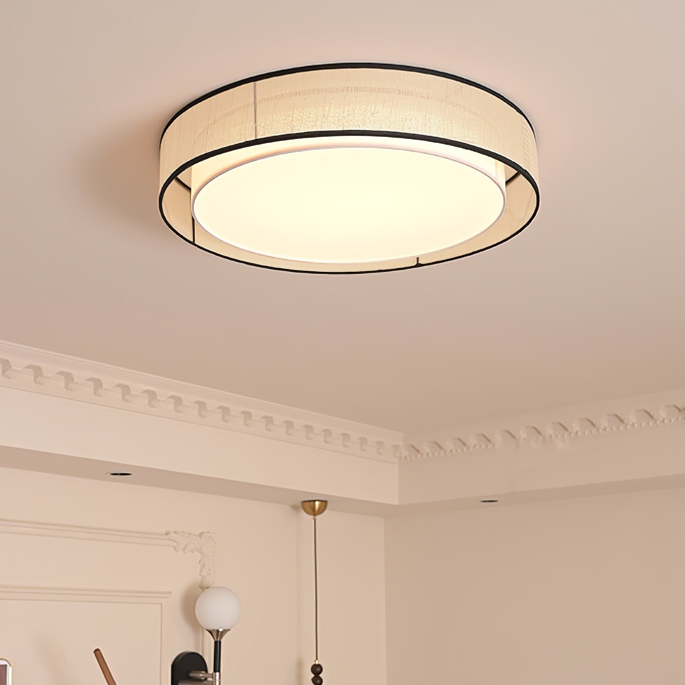 Modern Drum Flush Mount Ceiling Light with Beige Linen Shade and Integrated LED