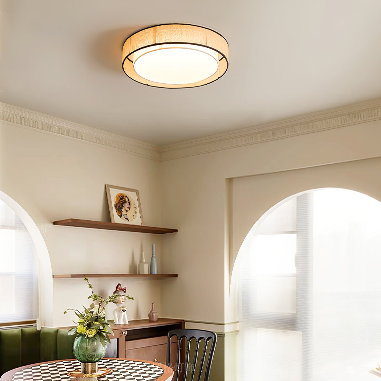 Modern Drum Flush Mount Ceiling Light with Beige Linen Shade and Integrated LED