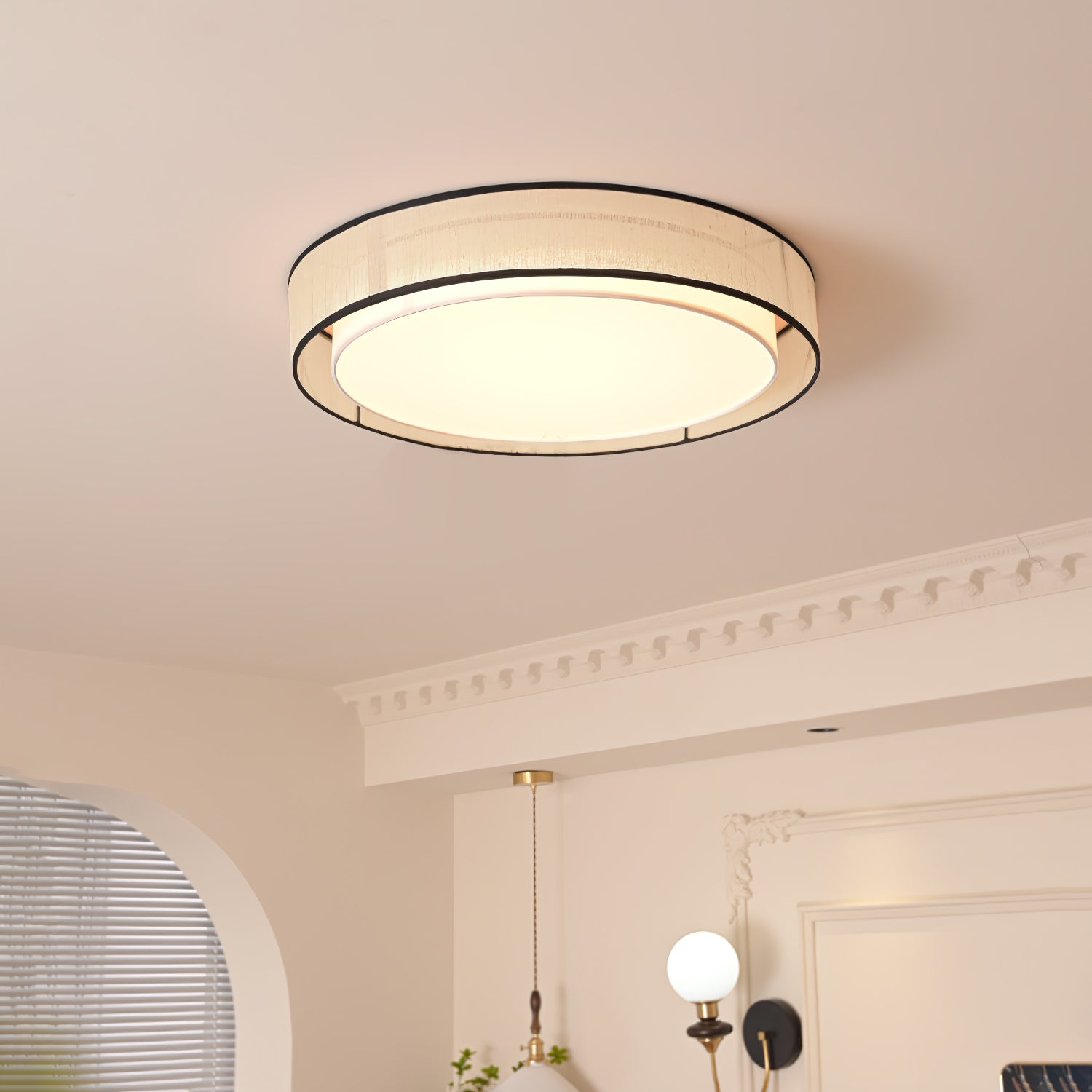 Modern Drum Flush Mount Ceiling Light with Beige Linen Shade and Integrated LED
