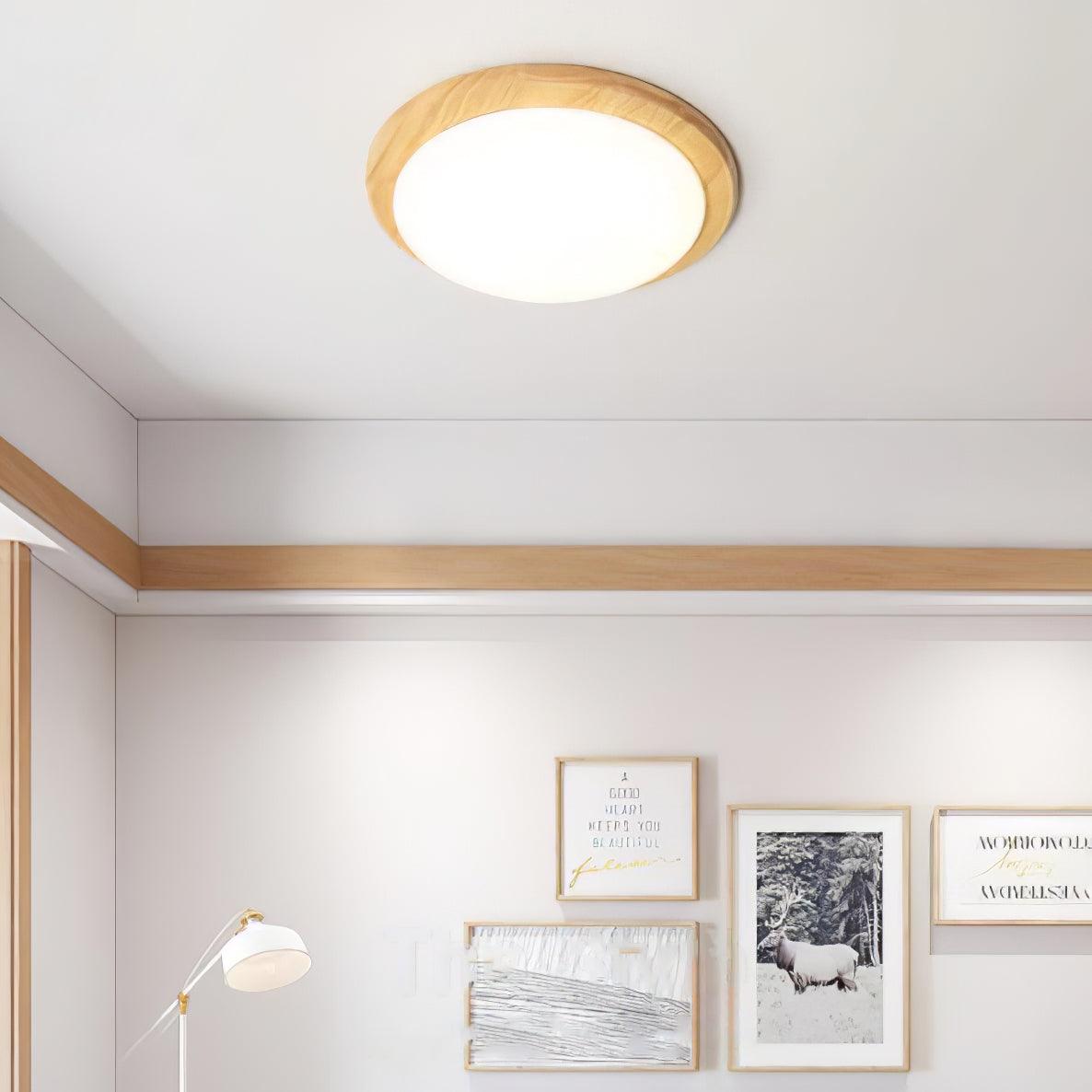 Modern Rubberwood Drum Flush Mount Ceiling Light for Minimalist Living Spaces