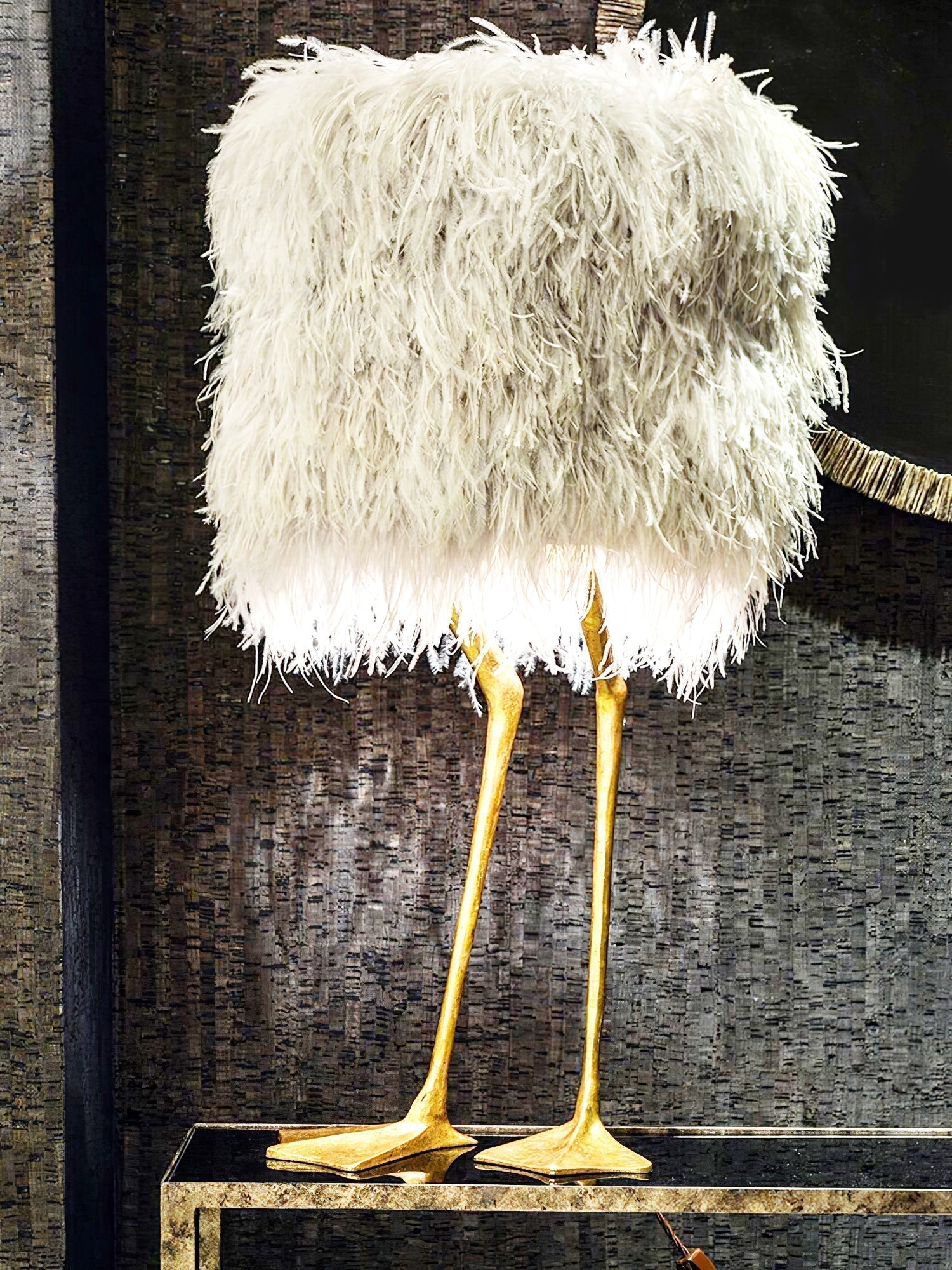 Antique Brass Duck Feet Table Lamp with Natural Feather Shade for Bedroom Decor